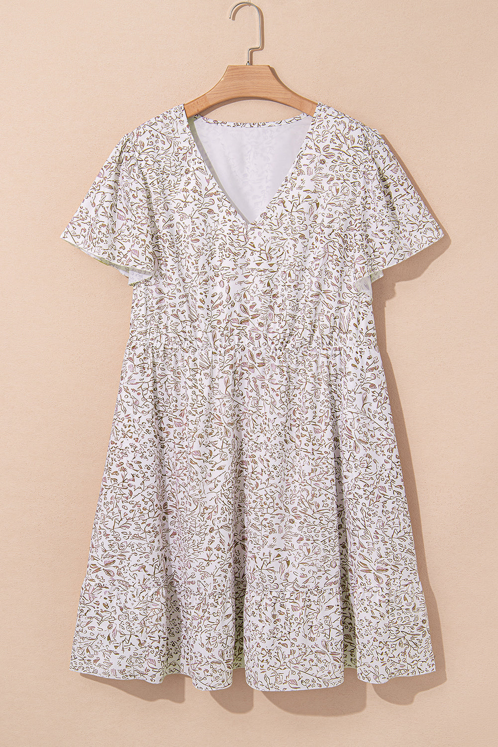 White Floral V Neck Ruffled Short Sleeve Plus Size Dress Plus Size Mini Dresses JT's Designer Fashion