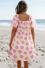 Rose Vibrant Floral Square Neck Puff Sleeve Pleated Flared Midi Dress Floral Dresses JT's Designer Fashion
