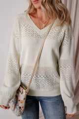 White Eyelet Pattern Detail V Neck Drop Shoulder Sweater Sweaters JT's Designer Fashion