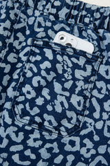 Blue Leopard Printed Drawstring Elastic Waistband Pocketed Wide Leg Jeans Jeans JT's Designer Fashion
