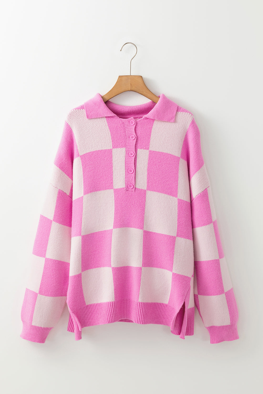 Pink Checkerboard Half Button Collared Drop Shoulder Sweater Sweaters JT's Designer Fashion