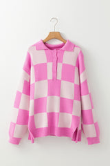 Pink Checkerboard Half Button Collared Drop Shoulder Sweater Sweaters JT's Designer Fashion