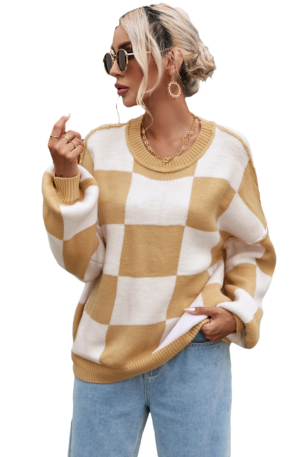 Khaki Checkered Bishop Sleeve Sweater Sweaters & Cardigans JT's Designer Fashion