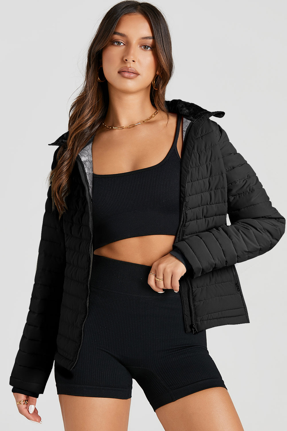 Black Solid Color Quilted Zip-up Puffer Jacket Jackets JT's Designer Fashion