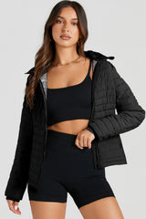 Black Solid Color Quilted Zip-up Puffer Jacket Jackets JT's Designer Fashion