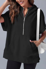 Black Half Zipper Kangaroo Pocket Short Sleeve Hoodie Sweatshirts & Hoodies JT's Designer Fashion