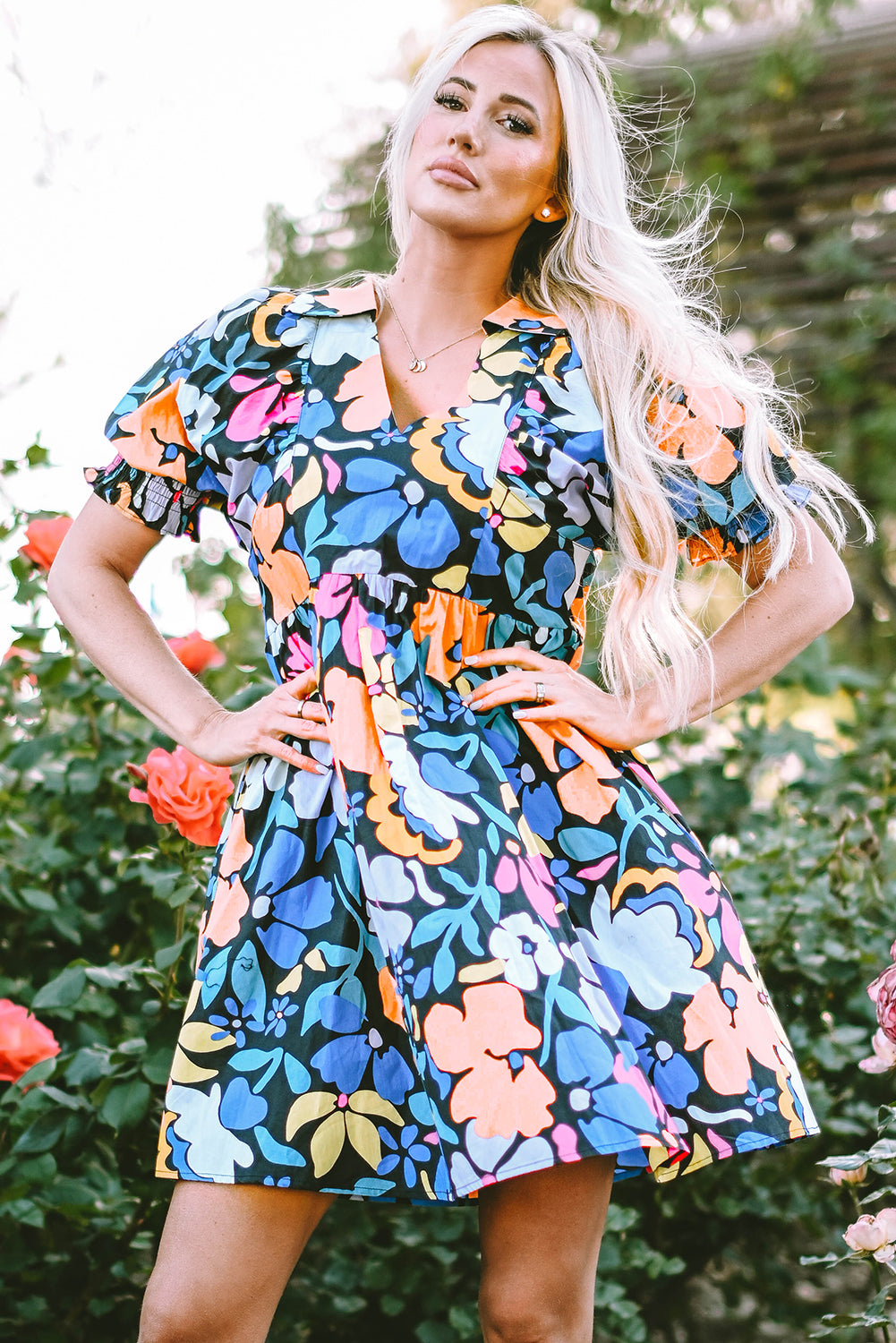 Blue Collared Split Neck Floral Flared Dress Floral Dresses JT's Designer Fashion