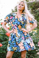 Blue Collared Split Neck Floral Flared Dress Floral Dresses JT's Designer Fashion