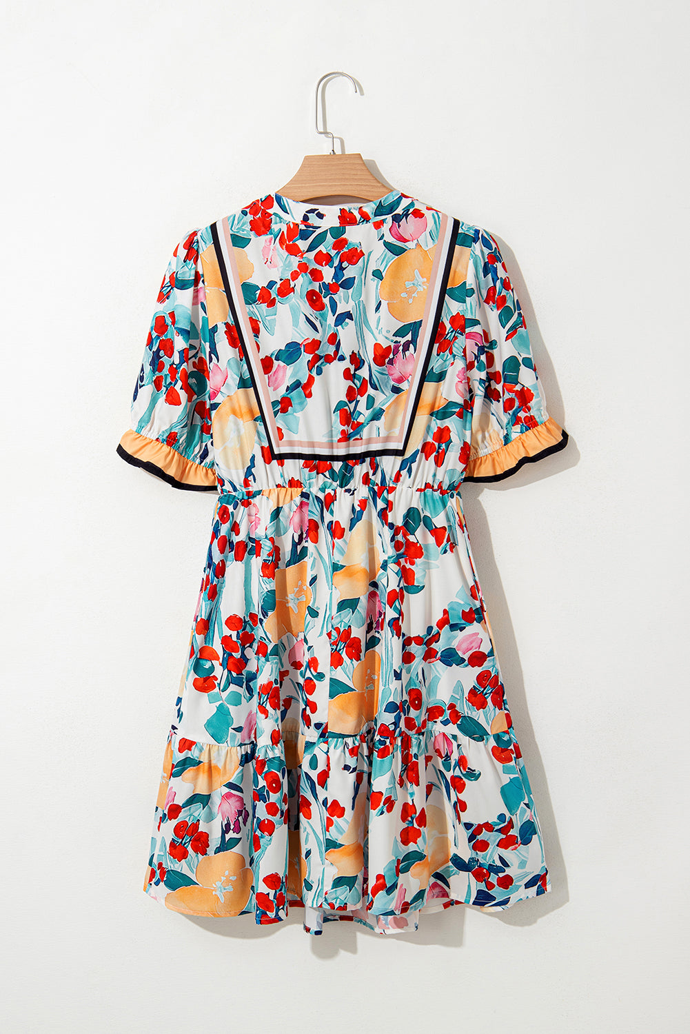 Green Floral Print Zipper Ruffled Short Sleeve High Waist Mini Dress Floral Dresses JT's Designer Fashion