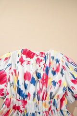 Rose Abstract Print Short Puff Sleeve Tiered Long Dress Maxi Dresses JT's Designer Fashion