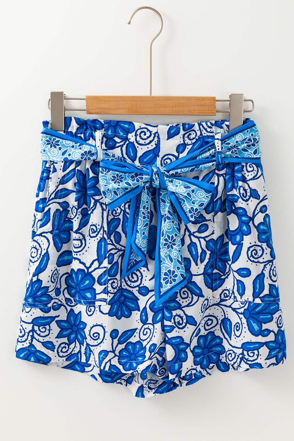 Blue Floral Print Pocketed Front Knot High Waist Casual Shorts Casual Shorts JT's Designer Fashion