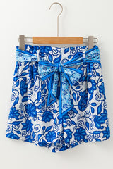 Blue Floral Print Pocketed Front Knot High Waist Casual Shorts Casual Shorts JT's Designer Fashion