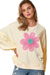 Beige Tinsel Flower Dropped Puff Sleeve Sweatshirt Sweatshirts & Hoodies JT's Designer Fashion