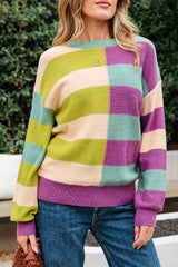 Green Stripe Drop Shoulder Ribbed Edge Casual Sweater Sweaters JT's Designer Fashion
