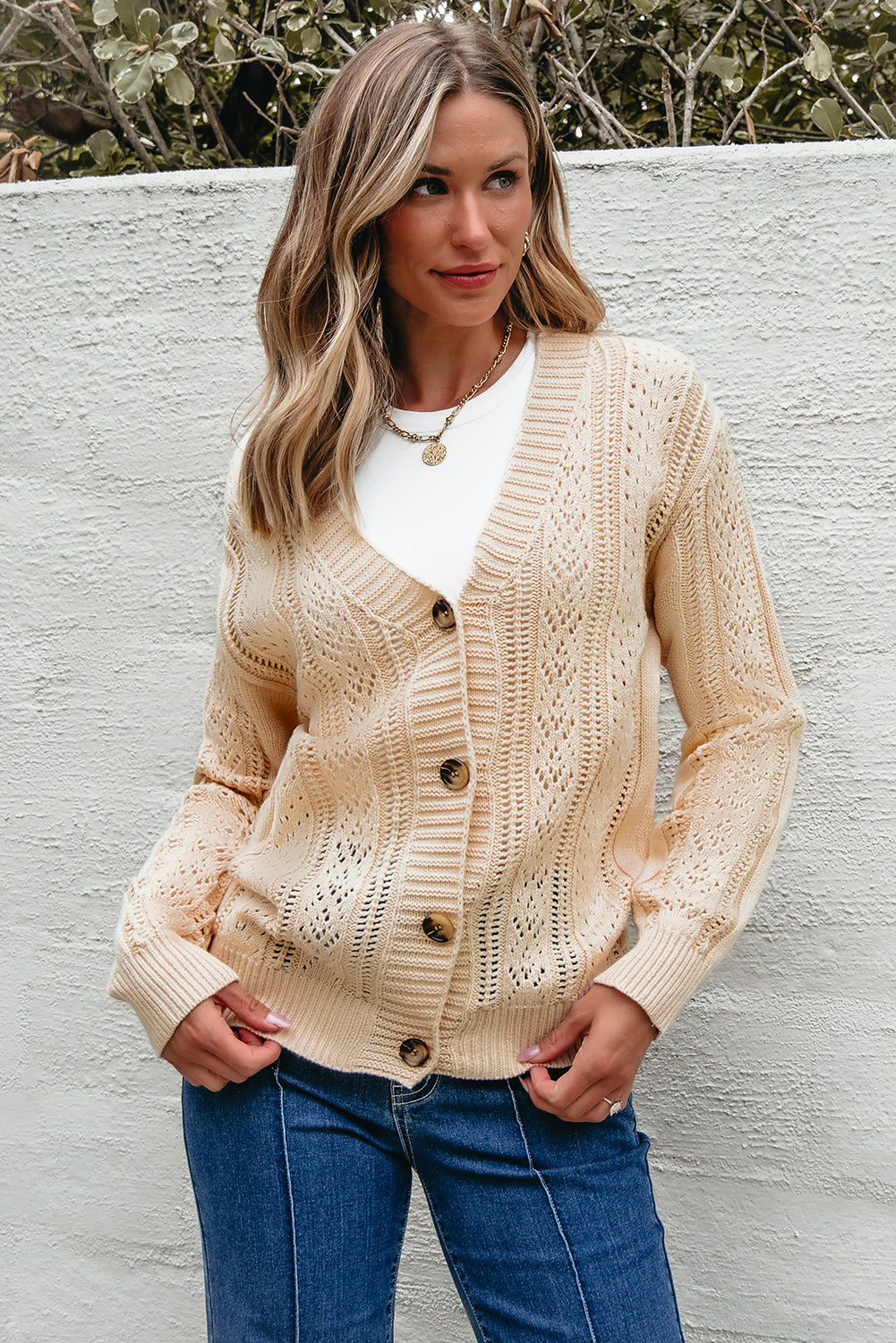 Beige Open Knit Drop Shoulder Sweater Cardigan Cardigans JT's Designer Fashion