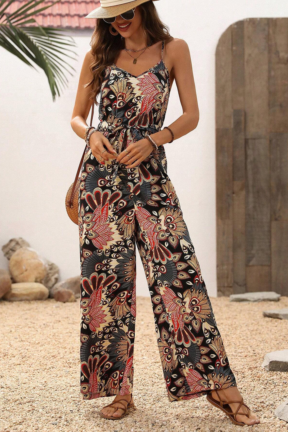 Black Floral Print Belted Sleeveless Wide Leg Jumpsuit Jumpsuits & Rompers JT's Designer Fashion
