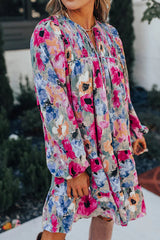 Multicolour Floral Tie Neck Bubble Sleeve Shift Dress Floral Dresses JT's Designer Fashion