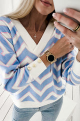 Sky Blue Zigzag Striped Print V Neck Oversized Top Long Sleeve Tops JT's Designer Fashion