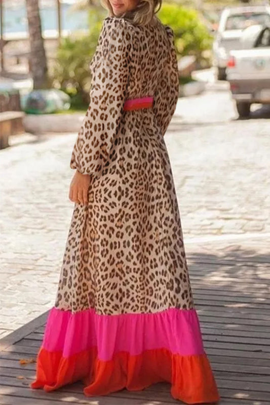 Brown Leopard Color Block V Neck Loose Fit Long Dress Maxi Dresses JT's Designer Fashion