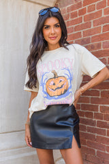 White SPOOKY Pumpkin Print Round Neck Halloween T Shirt Graphic Tees JT's Designer Fashion