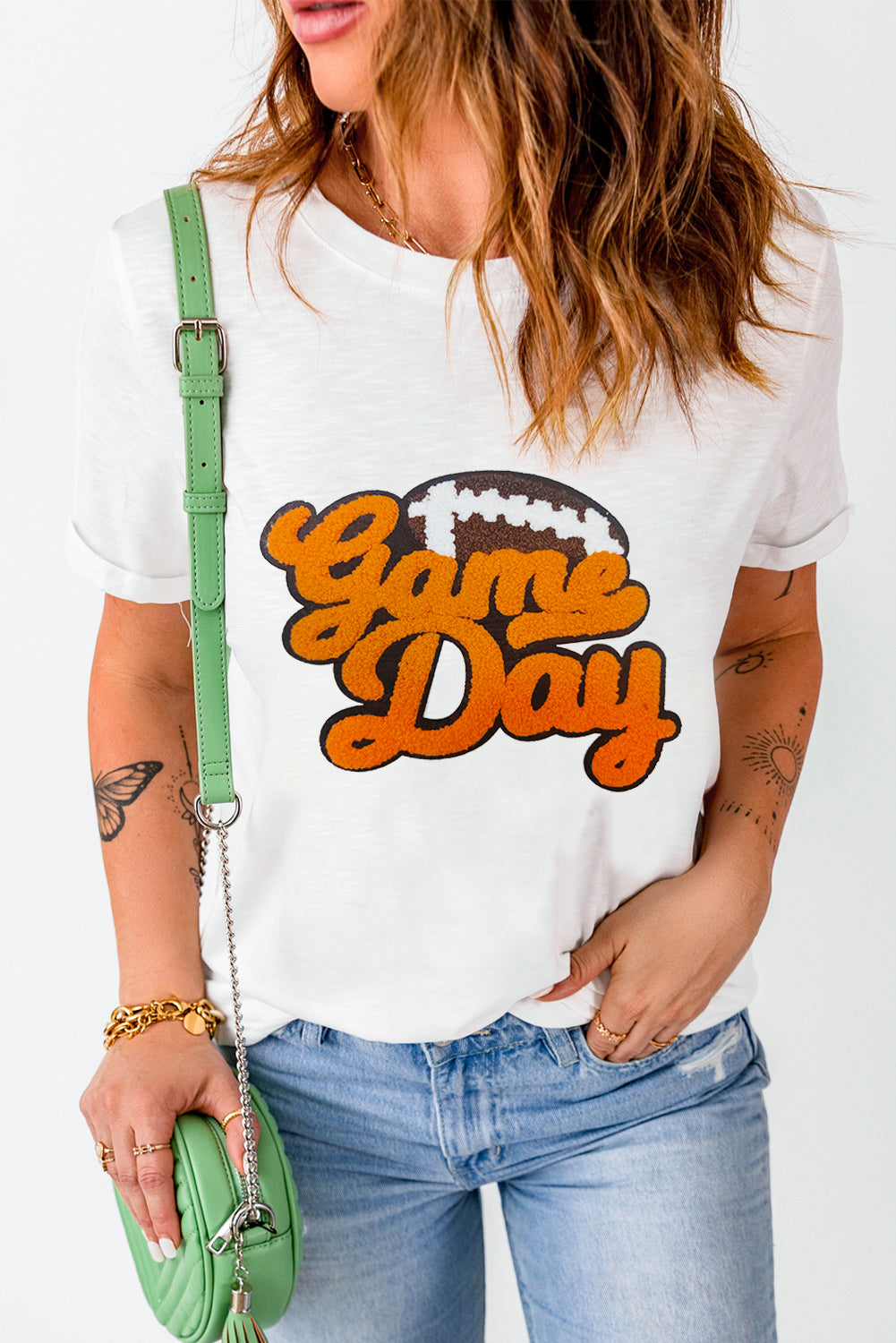White Chenille Game Day Rugby Football Pattern Crewneck T Shirt Graphic Tees JT's Designer Fashion