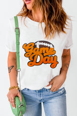 White Chenille Game Day Rugby Football Pattern Crewneck T Shirt Graphic Tees JT's Designer Fashion