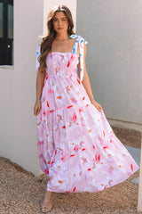 Pink Floral Print Knotted Shoulder Smocked Maxi Dress Pink 100%Polyester Floral Dresses JT's Designer Fashion