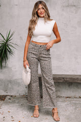Brown Leopard Frayed Edge Wide Leg High Waist Jeans Jeans JT's Designer Fashion