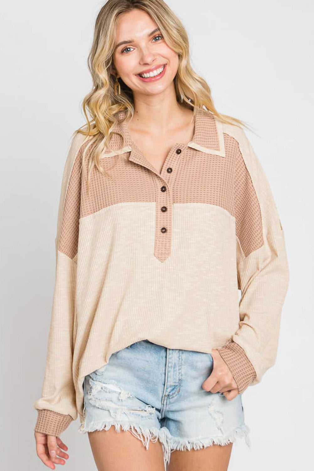 Apricot Oversized Knit Top With Waffle Contrast Long Sleeve Tops JT's Designer Fashion
