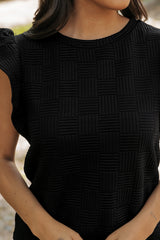 Black Textured Ruffled Sleeve Tee and Drawstring Elastic Waistband Shorts Set Short Sets JT's Designer Fashion