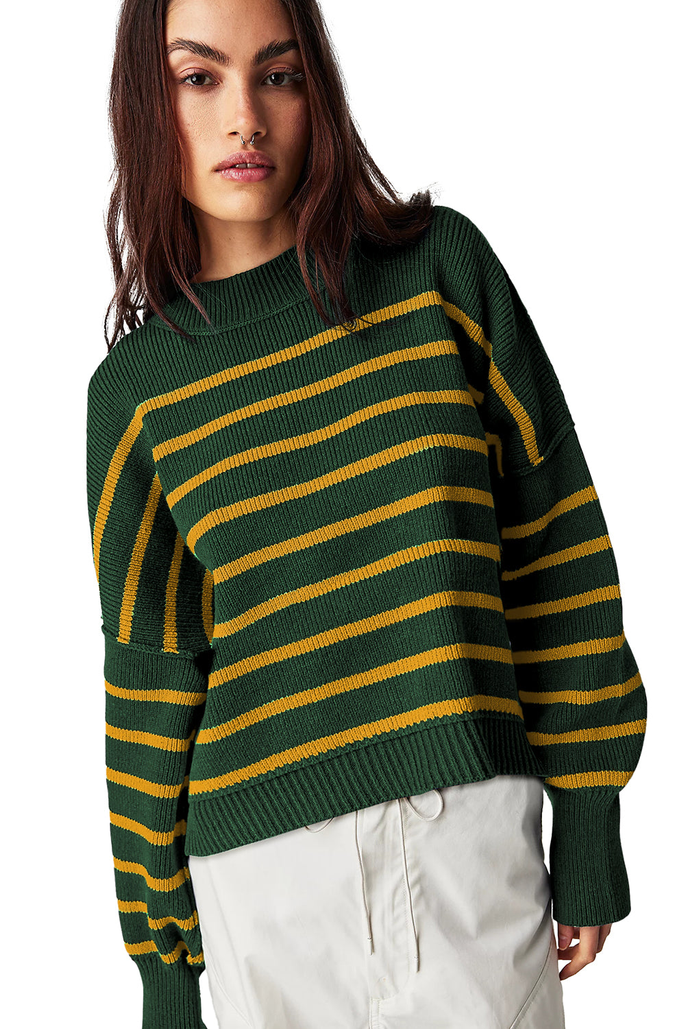 Green Stripe Ribbed Drop Shoulder Baggy Sweater Sweaters JT's Designer Fashion