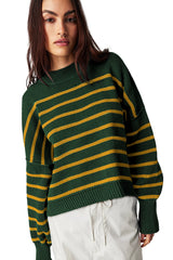 Green Stripe Ribbed Drop Shoulder Baggy Sweater Sweaters JT's Designer Fashion