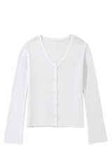 White Lightweight Ribbed Knit Button Front V Neck Cardigan Cardigans JT's Designer Fashion