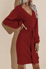 Surplice Long Sleeve Mini Dress Dark Brown Mini Dresses JT's Designer Fashion