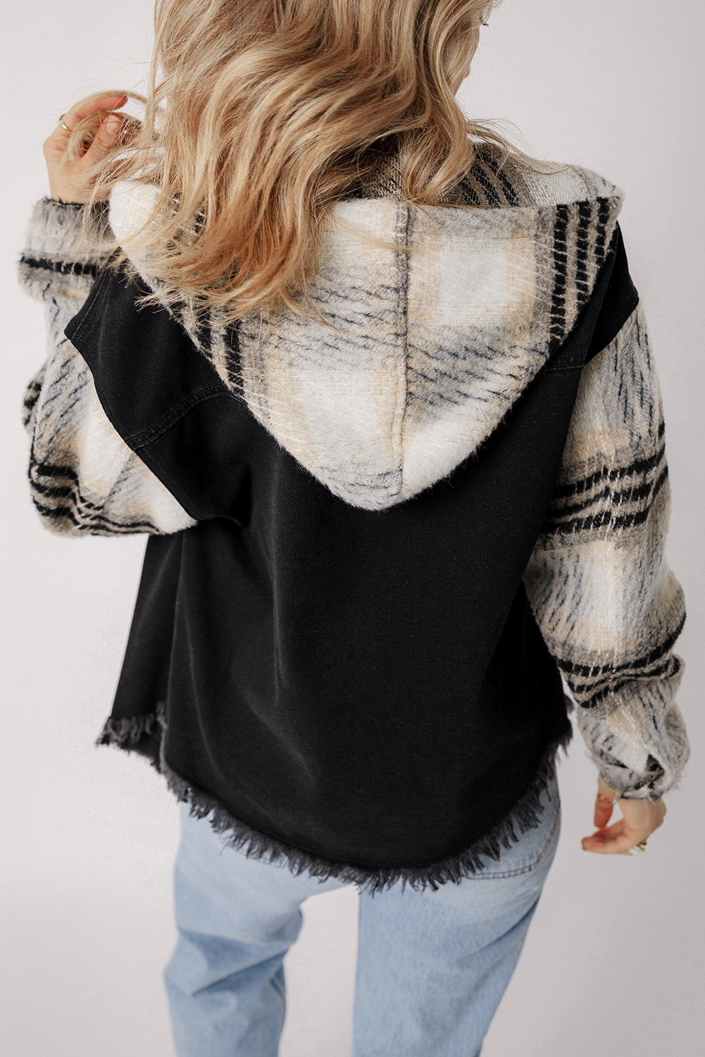 Black Plaid Sleeve Frayed Hem Hooded Denim Jacket Denim Jackets JT's Designer Fashion