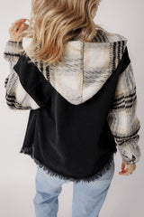 Black Plaid Sleeve Frayed Hem Hooded Denim Jacket Denim Jackets JT's Designer Fashion