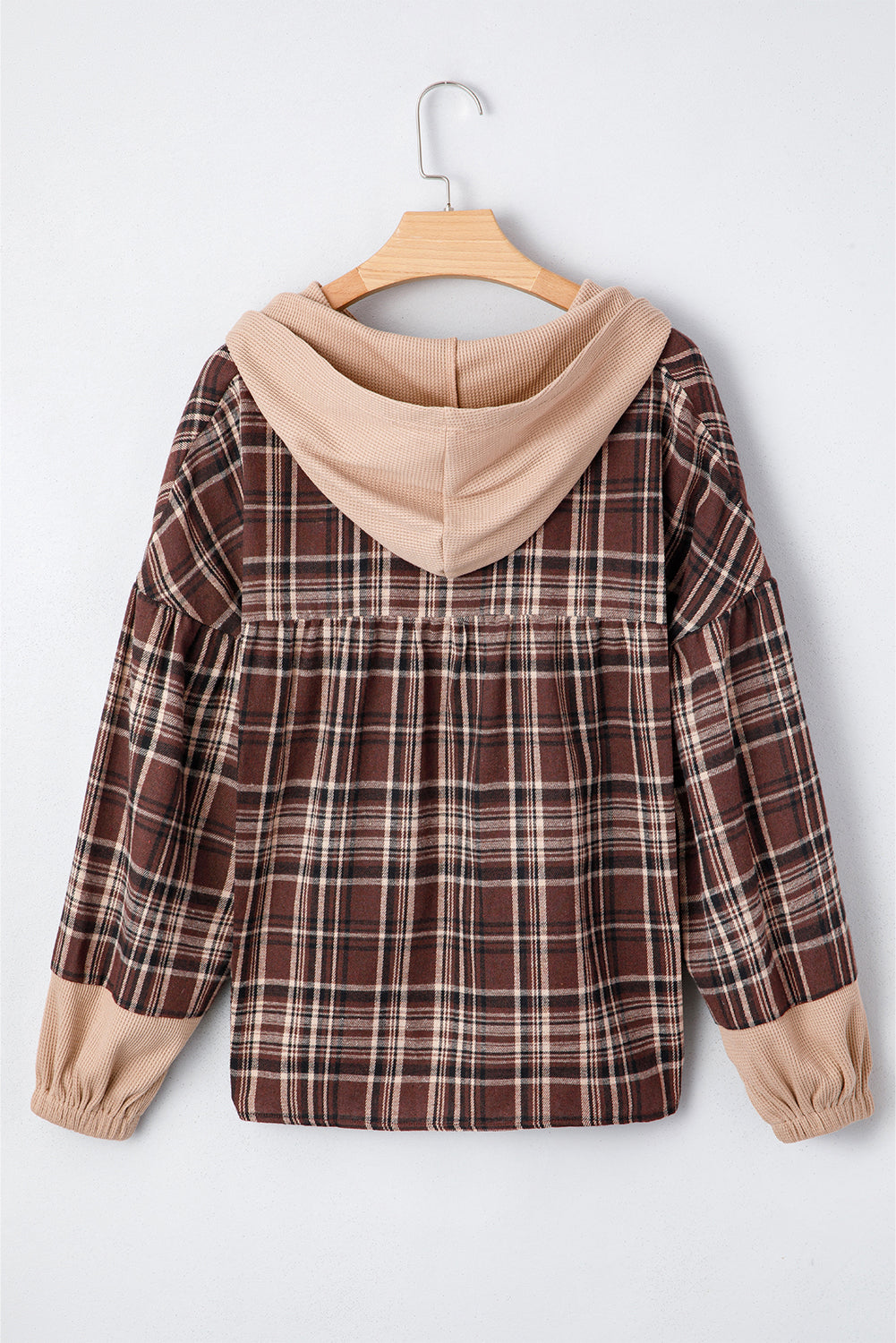 Brown Plaid Patchwork Long Sleeve Button Hooded Blouse Blouses & Shirts JT's Designer Fashion