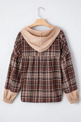 Brown Plaid Patchwork Long Sleeve Button Hooded Blouse Blouses & Shirts JT's Designer Fashion