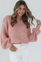 Peach Blossom Big Flower Accent Bubble Sleeve Drop Shoulder Sweater Sweaters JT's Designer Fashion