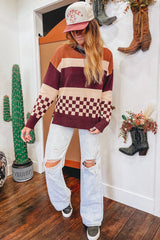 Brown Checkered Color Block Knitted Drop Shoulder Sweater Sweaters JT's Designer Fashion