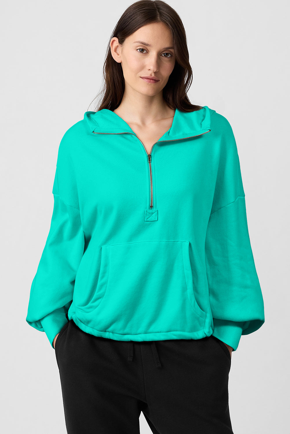 Aruba Blue Fleece Lined Half Zipper Kangaroo Pockets Loose Hoodie Sweatshirts & Hoodies JT's Designer Fashion