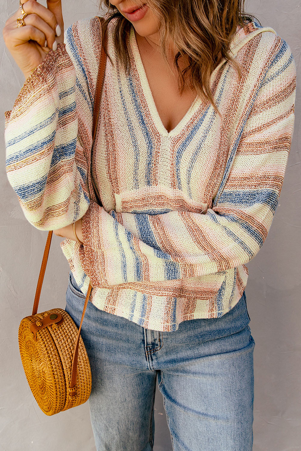Multicolor Striped Knit Kangaroo Pocket Hooded Sweater Sweaters & Cardigans JT's Designer Fashion