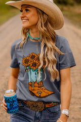 Gray Sunflower Cowgirl Boots Print Western Fashion T Shirt Graphic Tees JT's Designer Fashion