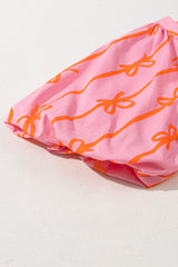 Pink Bowknot Striped Printed Bubble Sleeve Buttoned Belted Mini Dress Mini Dresses JT's Designer Fashion