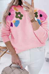 Pink Knitted Flower Pattern Ribbed Edge Sweater Pink 42%Acrylic+30%Polyester+28%Polyamide Sweaters JT's Designer Fashion