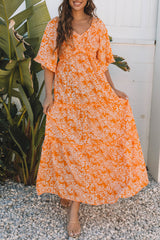 Orange Floral Print Smocked V Neck Wide Sleeve Maxi Dress Floral Dresses JT's Designer Fashion