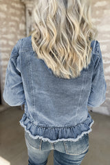 Beau Blue Ruffle Raw Hem Flap Pockets Denim Jacket Denim Jackets JT's Designer Fashion