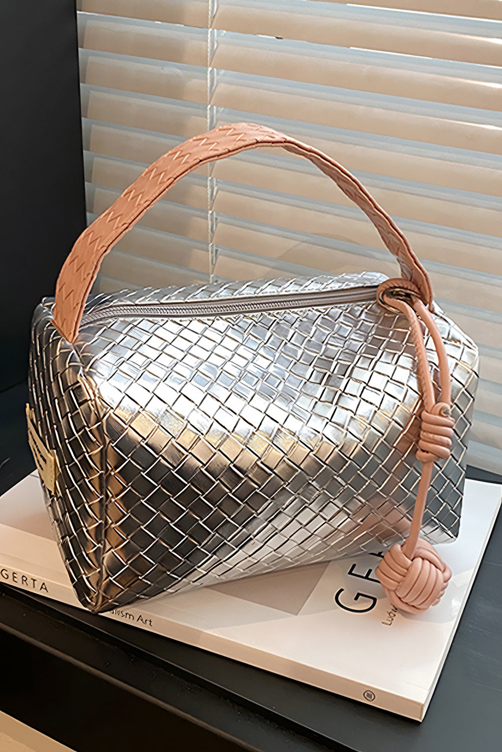 Silvery Lattice Texture Corded Ball Decor Weaven Handle Cosmetic Bag Makeup Bags JT's Designer Fashion