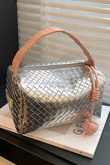 Silvery Lattice Texture Corded Ball Decor Weaven Handle Cosmetic Bag Makeup Bags JT's Designer Fashion