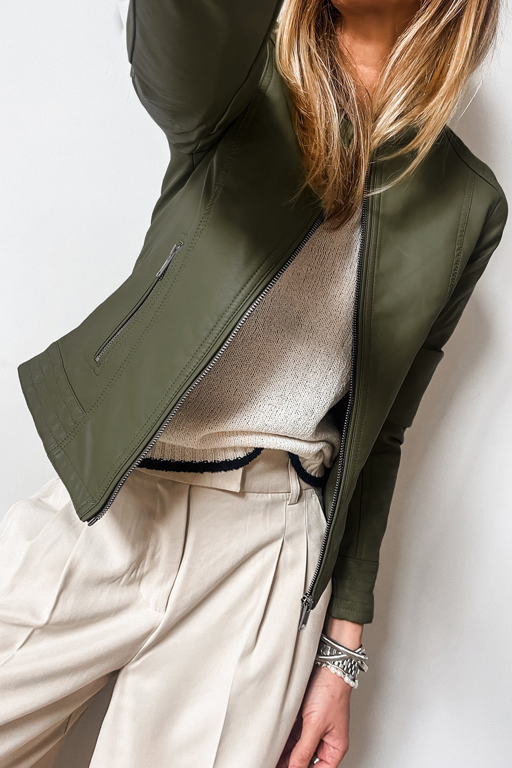 Sage Green Solid Faux Leather Zipper Slim Fit Bomber Jacket Jackets JT's Designer Fashion